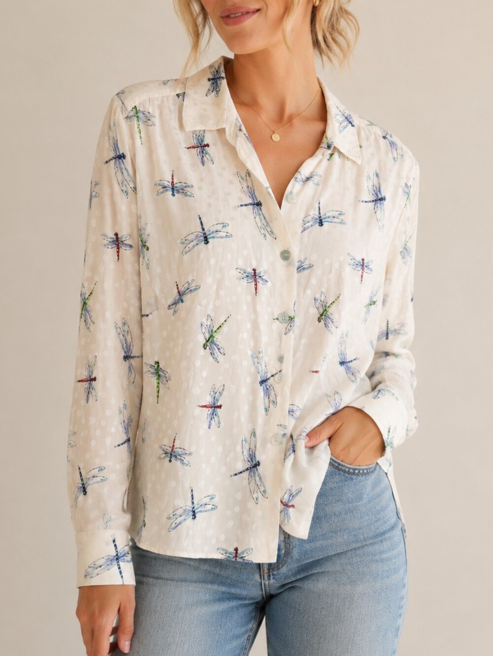 VTG Maggy London Dragonfly Silk Blouse Top White Womens Size Small 4 Cottagecore